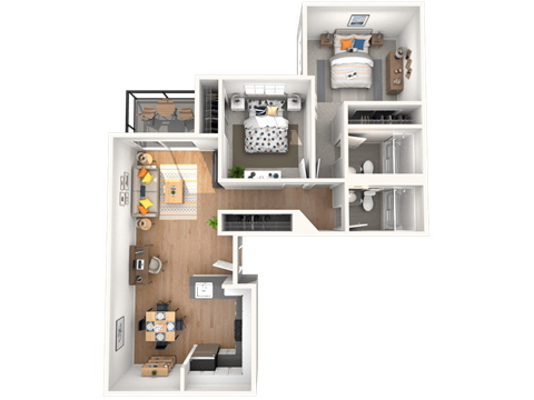 A 3D floor plan of a small apartment with a kitchen, living room, and bedroom.